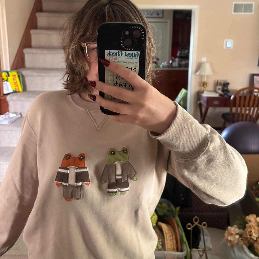 Tan Sweatshirt with Frog and Toad Design